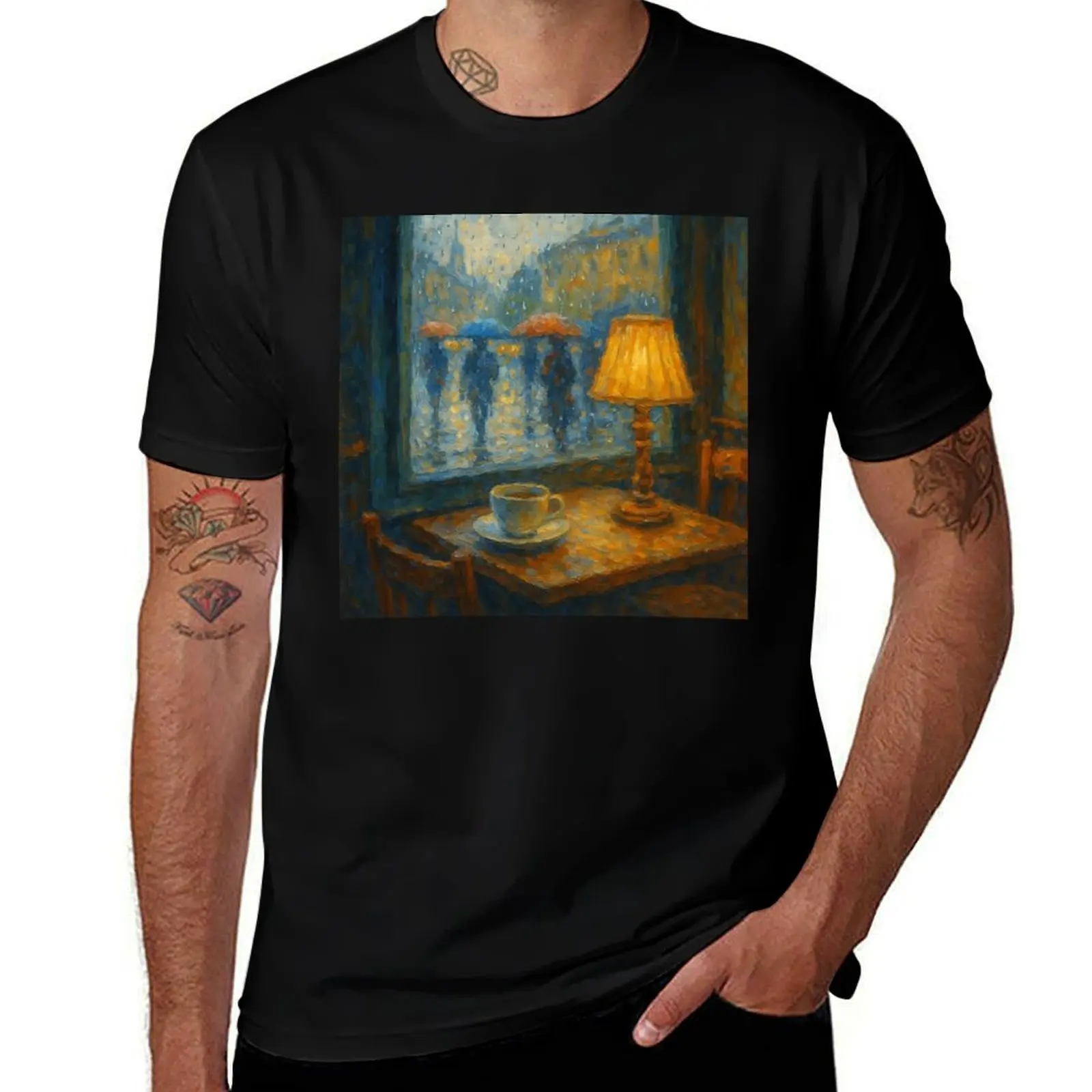 Camiseta con vista de ventana de Café del día lluvioso, ropa de calle personalizada, camisa personalizada de secado rápido, camiseta de manga corta para hombres