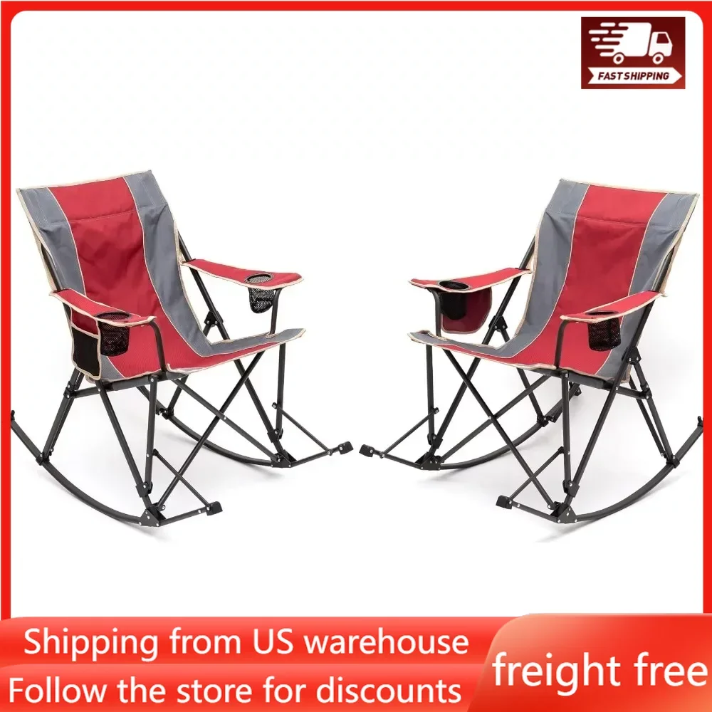 

Camping Rocking Chair Folding Lawn Chairs with Cup Holder Storage Pocket Mesh Back Recliner for Beach OutdoorTravel