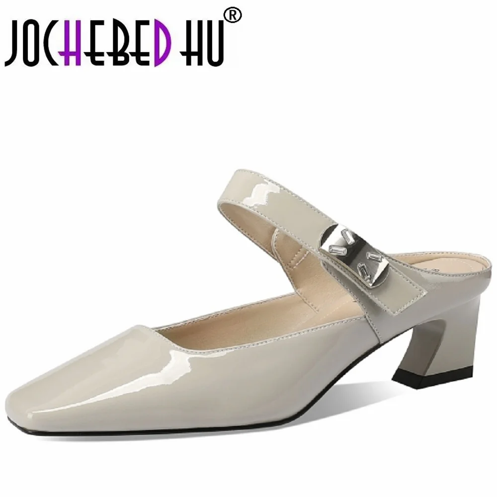 

【JOCHEBED HU】Brand Genuine Leather Summer Shoes Square Toe Slip on Low Heels Slingback Outside Slippers Pleated Concise 33-43