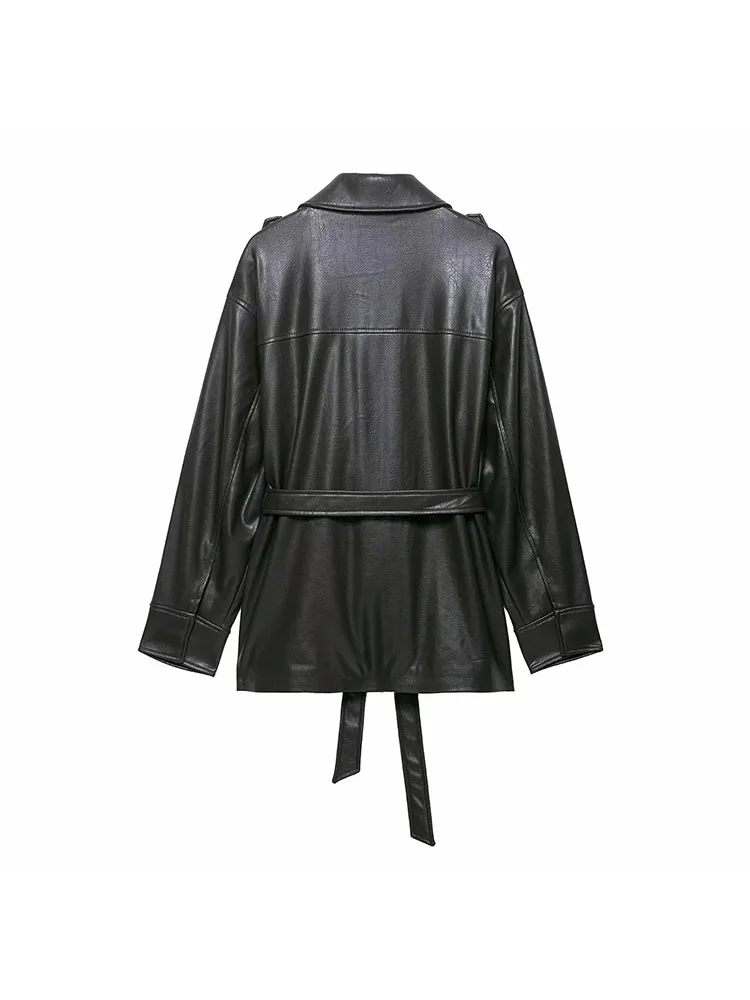 Women 2025 Autumn Winter Mid-length Loose Vintage Black Pocket Faux Leather Coat With Belt Casual Jacket Femme