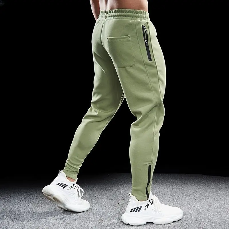 

Autumn Winter Men Pure Cotton Motion Elastic Waist Bodybuilding Sweatpants Comfortable Breathable Zipper Elastic Slim Trousers