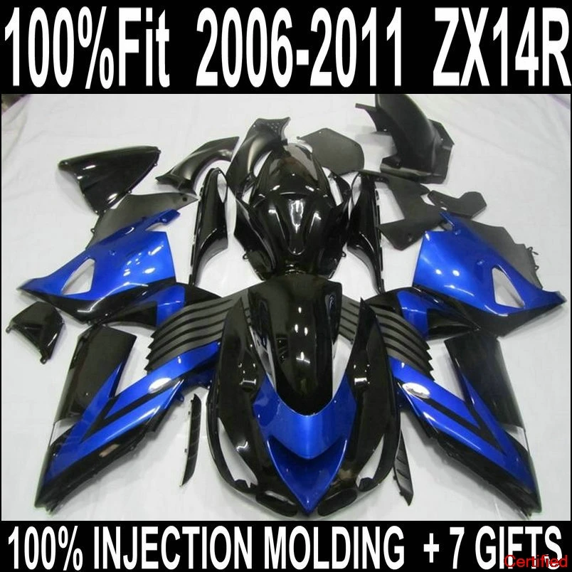 Free customize for 2006-2011 Kawasaki glossy flat black jewely blue ZX-14R fairings 06 07 08 09 00 11 Nia zx14r fairing set