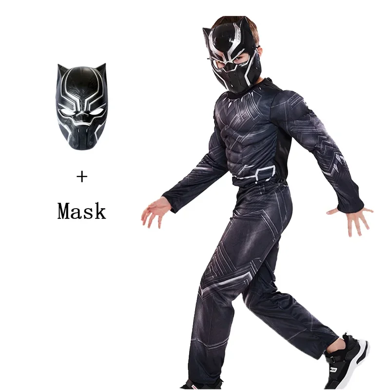 SN60 Carnival Kids Muscle Black Panther Cosplay Costumes Attached Mask Boys Girls Party Fancy Dress No Boots1@j$