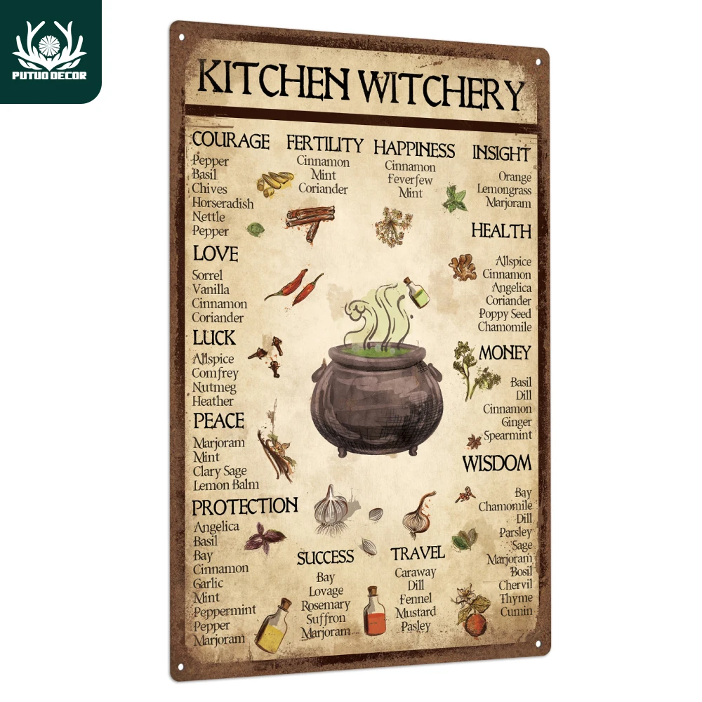 Putuo Decor 1pc Vintage Metal Tin Sign, Kitchen Witchery, Wall Art Decor for Halloween Party, Halloween Gift