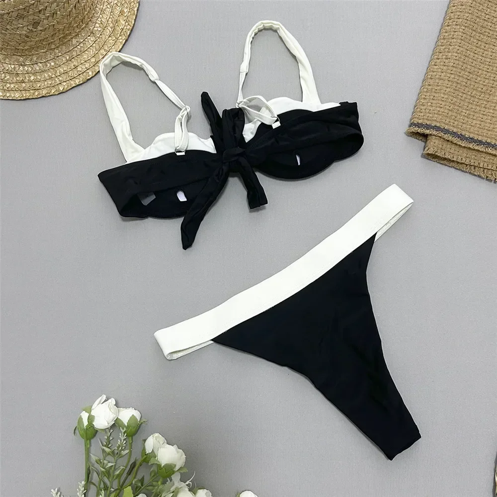 Black White Contrast Swimwear Push Up Bikini Set Sexy Swimsuit Women High Cut Bathing Suit Underwired Bikinis 2025 Mujer Bather