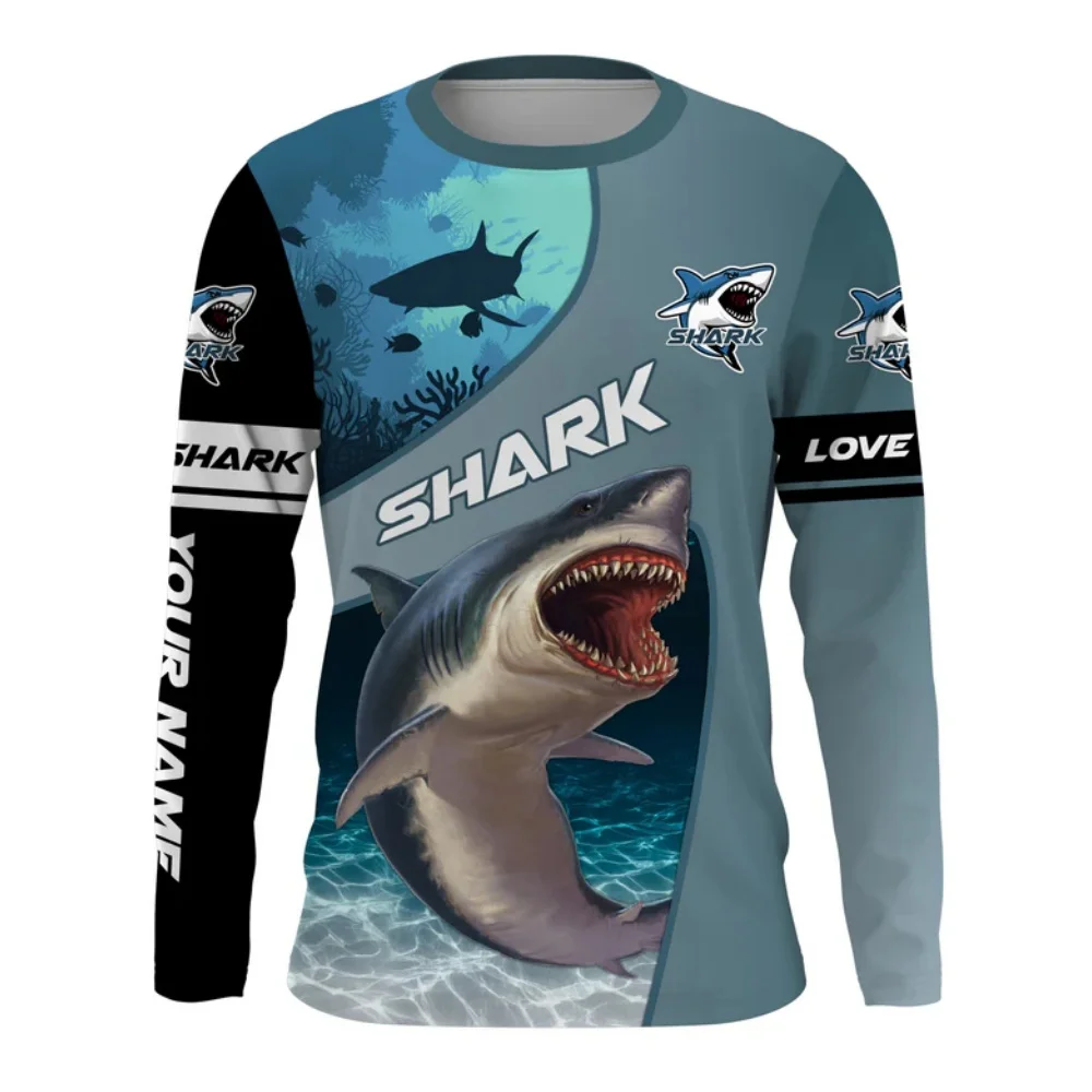 Fashion 3D Shark Print T-Shirts for Men Street Funny O-Neck Oversized T-Shirt Tops Ventilate Sports Long Sleeve Men\'s Clothes