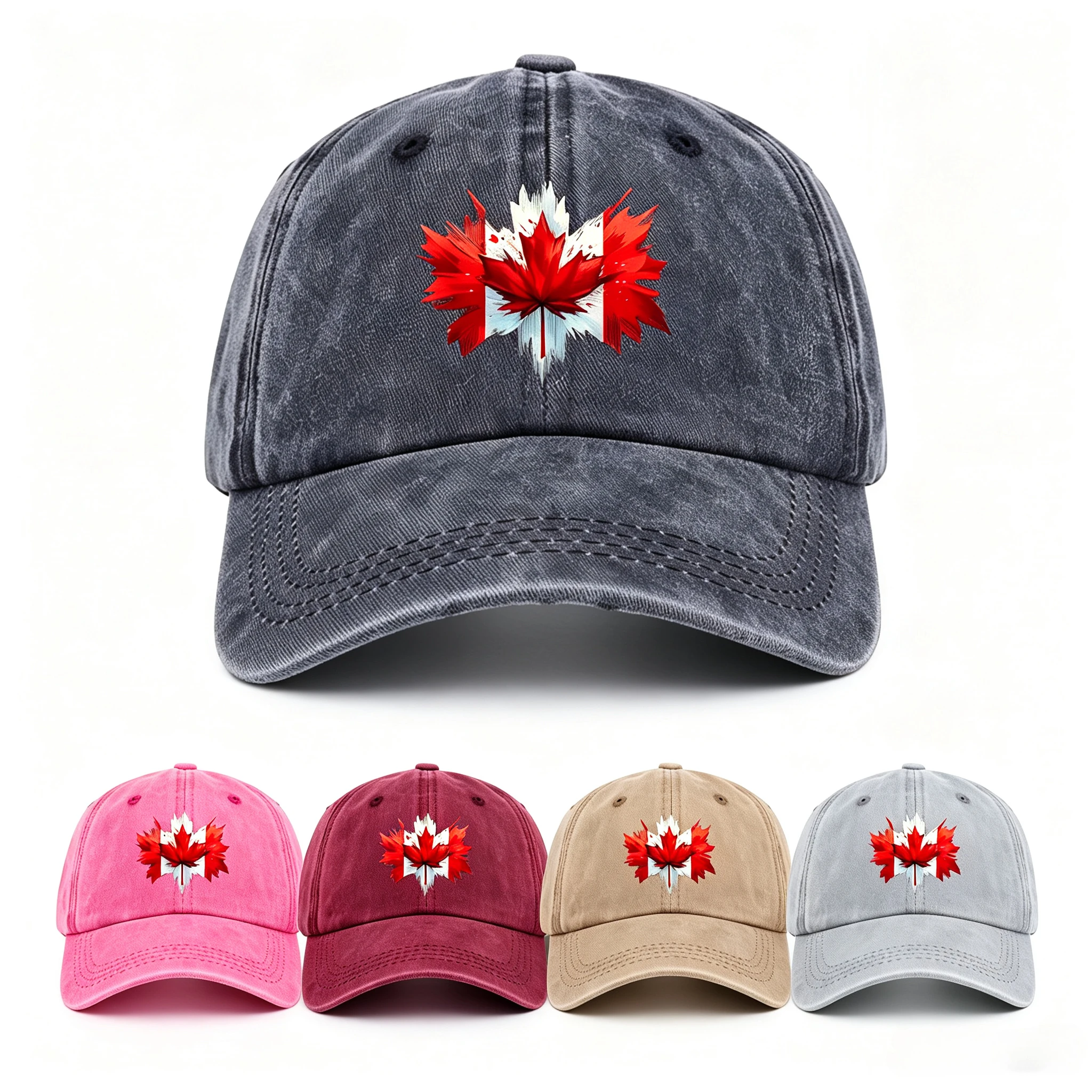 Maple Leaf Print Vintage Washed Cotton Baseball Cap Unisex Adjustable Curved Dad Hat Canadian Flag Casual Outdoor Sun Hat Gorra