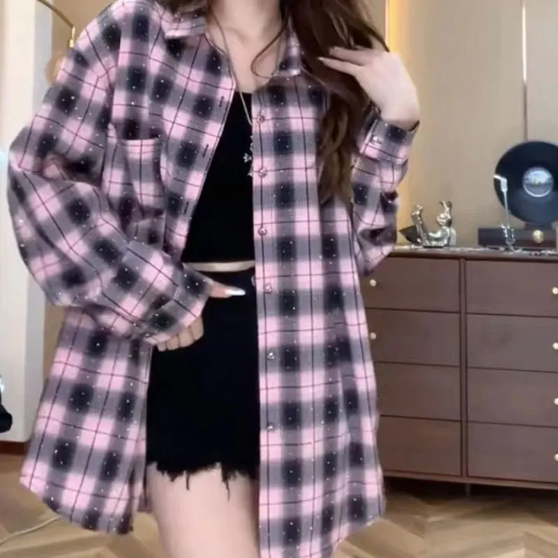 Patchwork Printing Blouses Plaid Fashion Loose Autumn Thin Office Lady Turn-down Collar Long Sleeve Buttons Women\'s Clothing
