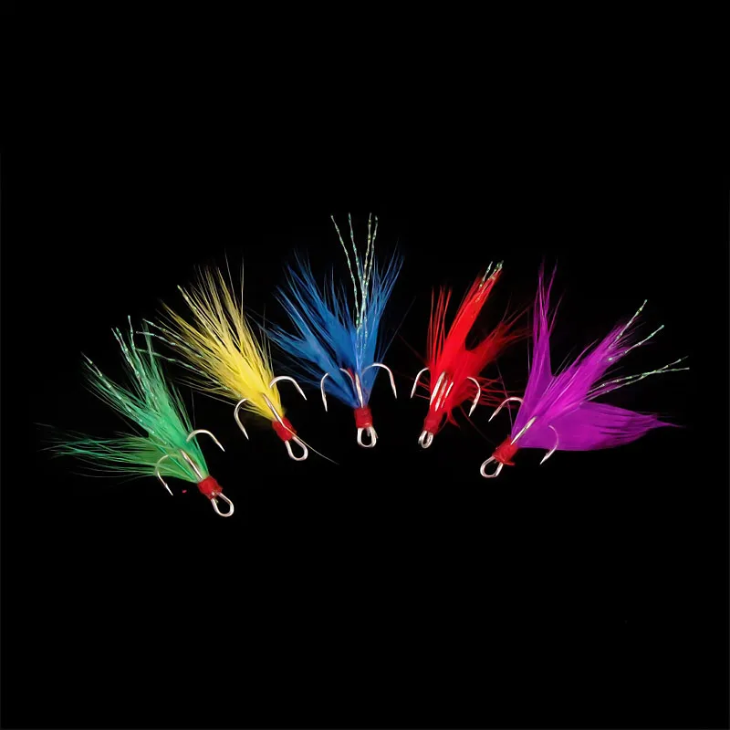 10Pcs Bazooka Dressed Feathered Treble Fishing Hooks Carbon Steel Barbed Sharp Triple Sea Accessories Lure Bass Barbed Pike