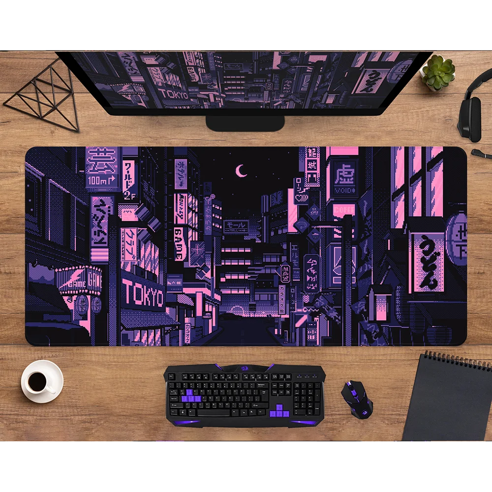 Imagem -02 - Anime Retro Gaming Mouse Pad Neon Tokyo Street Pixel Art Roxo Japonês Skyline Cidade Tapete de Mesa Vários Tamanhos xl