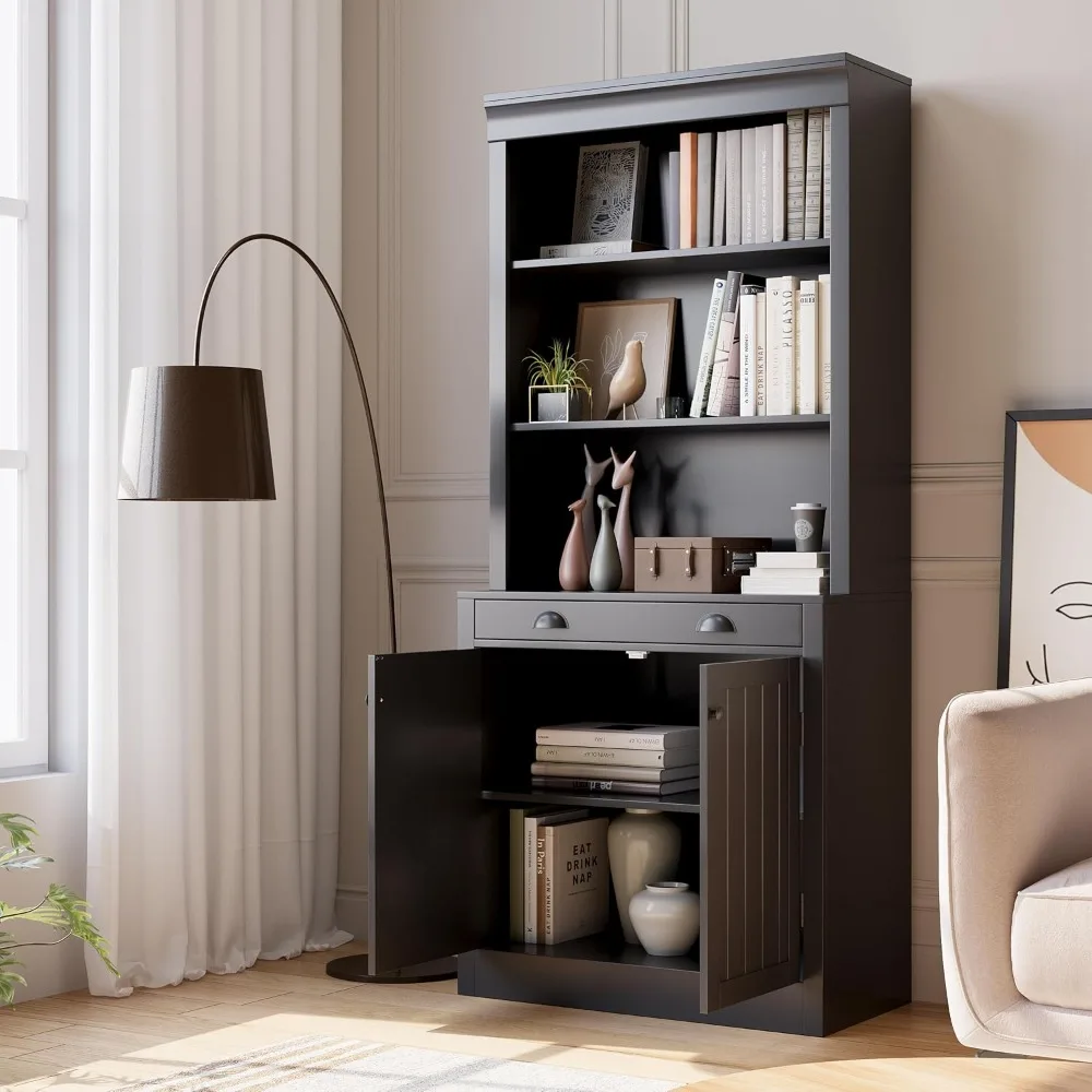 

5-tier Bookcase, 70-inch High Bookcase with 2 Doors and 1 Drawer, Modern Sideboard with Adjustable Shelves