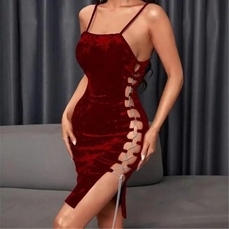 فستان نسائي جديد لعام 2023 من المخمل المطرز بالذهب، فستان ضيق بدون حمالات مع ربطة جانبية، تنورة قصيرة عالية الخصر