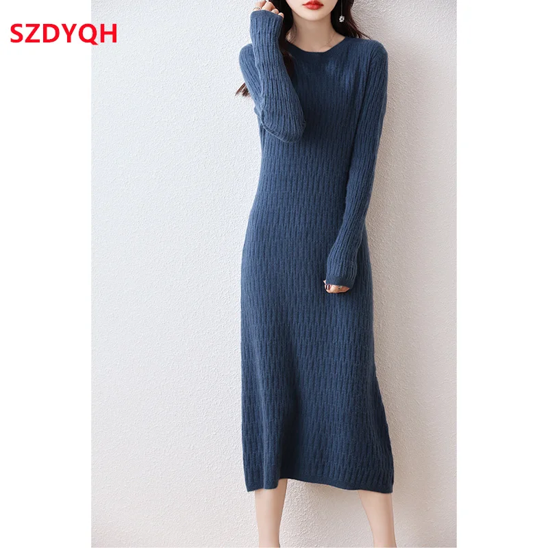

2023 Autumn Winter New High Elasticity 100% Wool Sweater Dress Women Solid Warm Slim Dresses Female Casual Basic Knitted Pullove