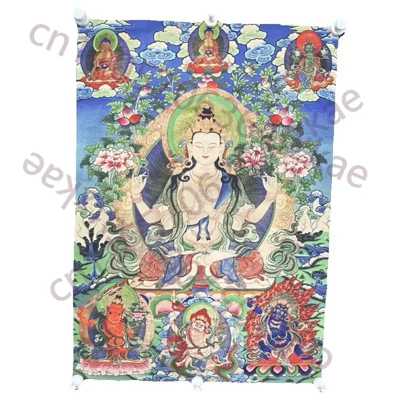 tibetan-buddhism-four-armed-avalokiteshvara-silk-tangka-fine-art-handmade-old-buddhist-wall-hanging-decorations