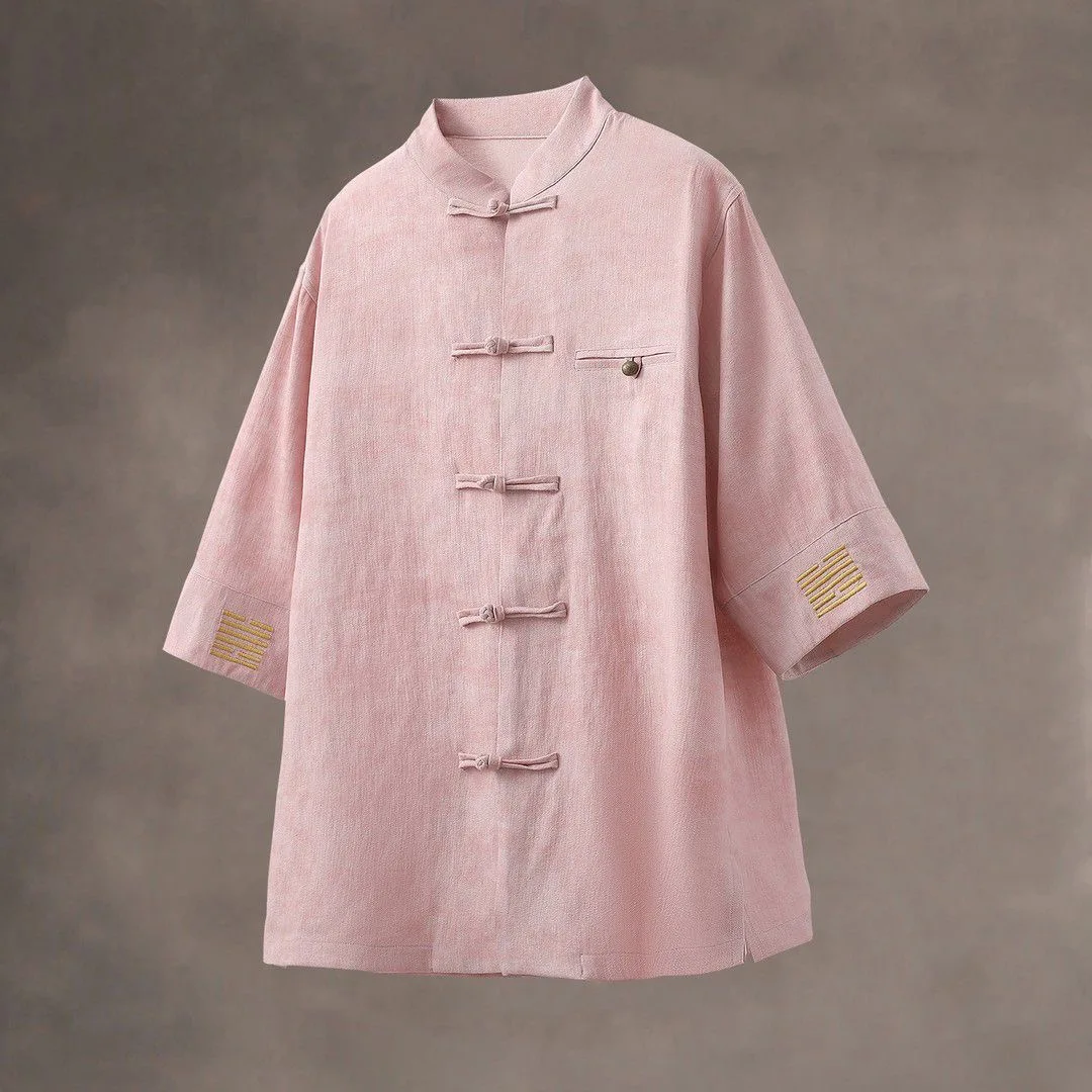 New 2026 Summer Men's Chinese Style Shirt Seven Sleeve Buttons Short Sleeve Loose Fit Polyester Fiber Youth Trend No Pocket