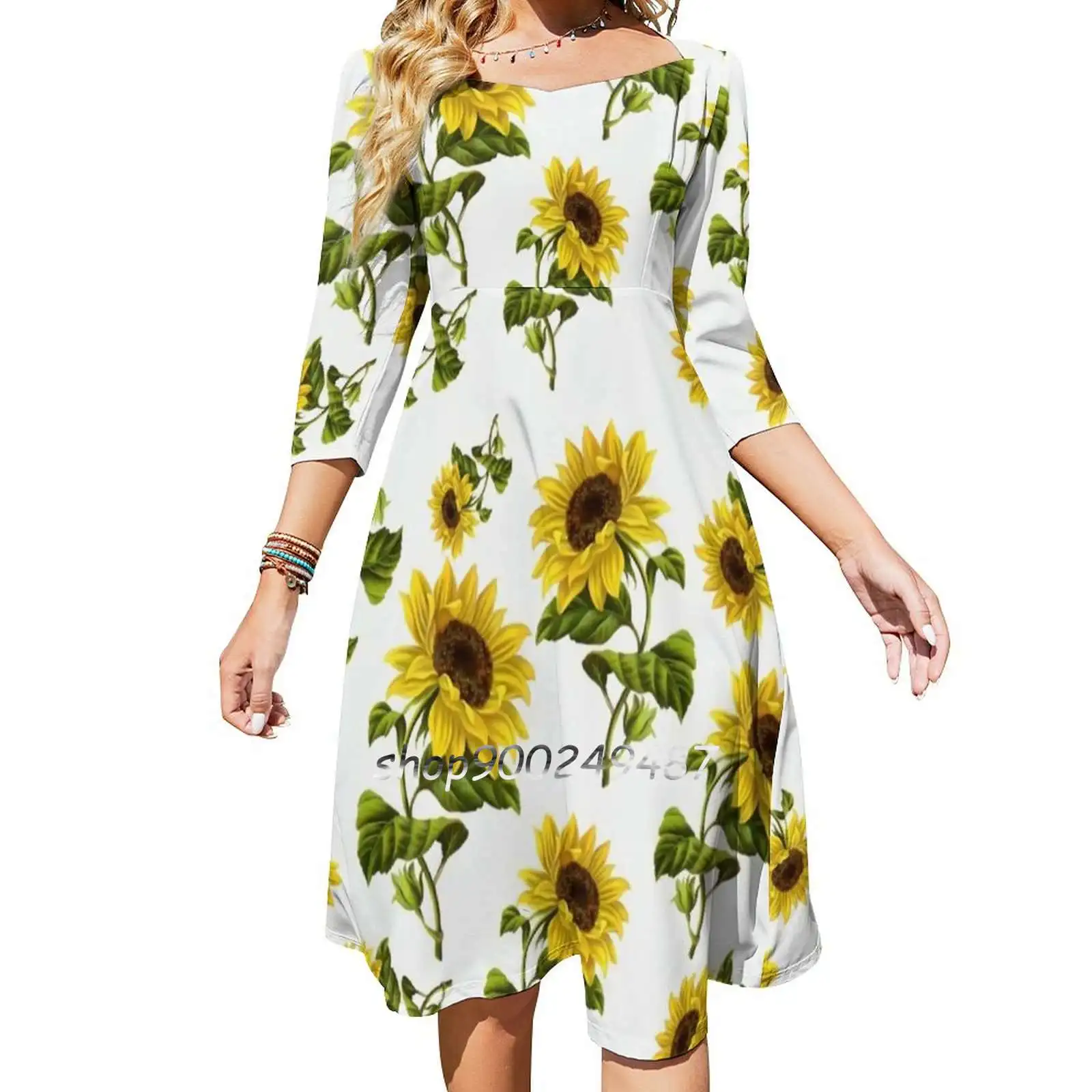 Sunflower Pattern Square Neck Dress Cute Loose Print Dresses Elegant Beach Party Dress Sunflower Flowers Spring Sunny Sea Waves