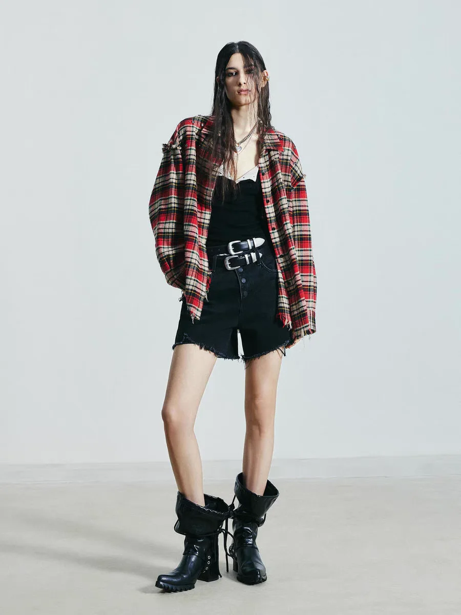 Women's Cotton Plaid Tassel Shirt, Loose Casual Tops, Coat, Y2K Clothes, Cardigan, Bra, High Quality, New Fashion, 2024