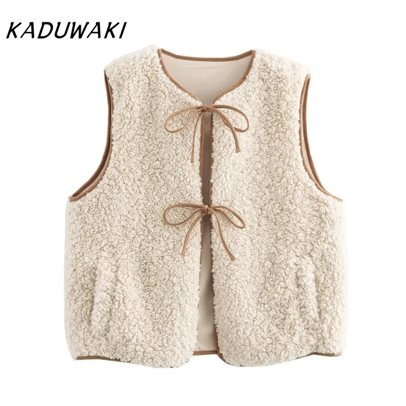 KADUWAKI Women Lamb Wool Waistcoat Lace-Up Female Fashion Pockets Sleeveless Cropped Vest Casual Lady Streetwear Loose Outerwear