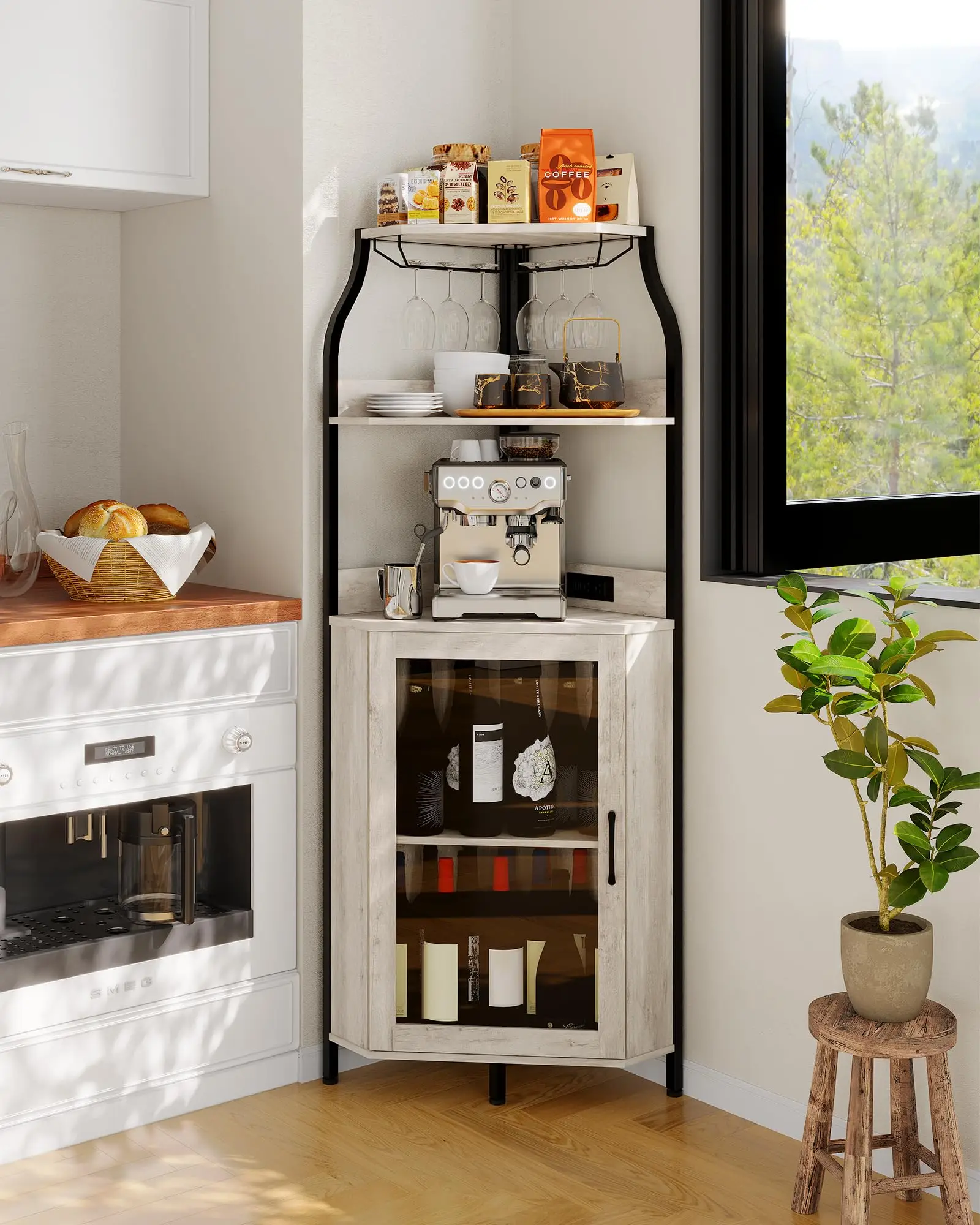Corner Bar Cabinet with Power Outlet, Industrial Wine Cabinet with LED Strip and Glass Holder, 5-Tiers Liquor Cabinets Bar Unit for Home, Corner Display Cabinets for Small Space