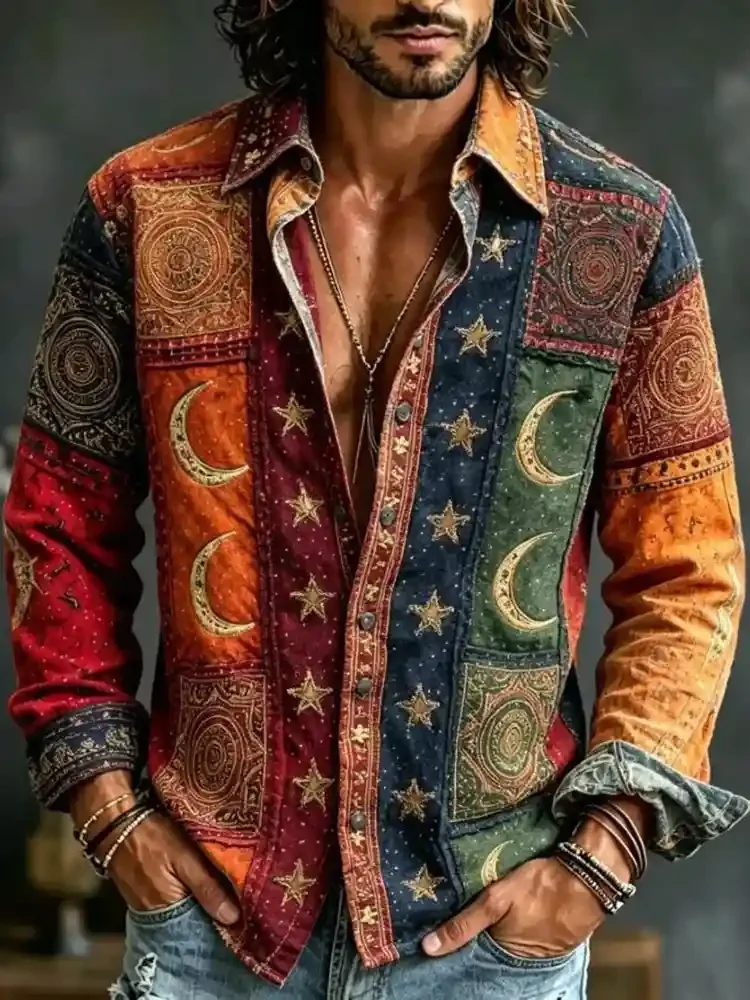Vintage Men's Hippie Style Denim Blue Long Sleeved Shirt with Peace Symbol Spiral Print Retro American Casual Wear