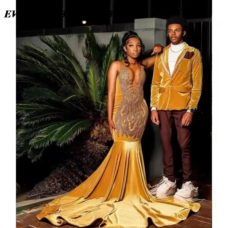 

EVLAST Customized Shiny Gold Mermaid Luxury Prom Dress Crystal Beading Sequin Velvet Evening Party Gown Robe De Soirée E3P496