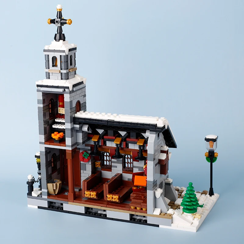 MOC Winter City Street Snow House Building Blocks Christmas Tree Wreath Church Figures Scene  Assemble Model Bricks Kid Toy Gift
