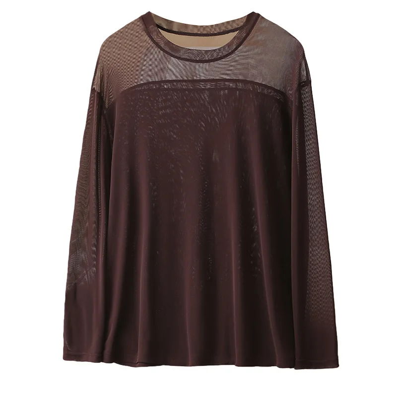 

XXXXL Fashion Plus Size Woman Clothing T-Shirt round-neck Spring 2026 Hollow Out Thin Long Sleeved Mesh Tops 063