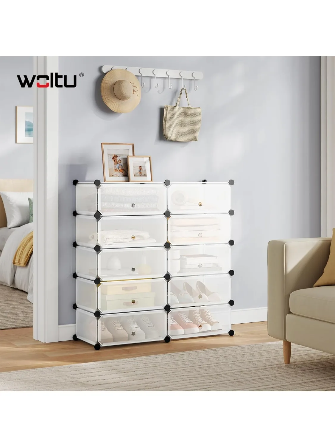 WOLTU DIY-Modul-Schuhregal, 47 x 35 x 170 cm, weiß, schwarz, modulares Schuhschrankregal mit 10 Ablagen, Aufbewahrung für Schlafzimmer, Wohnzimmer