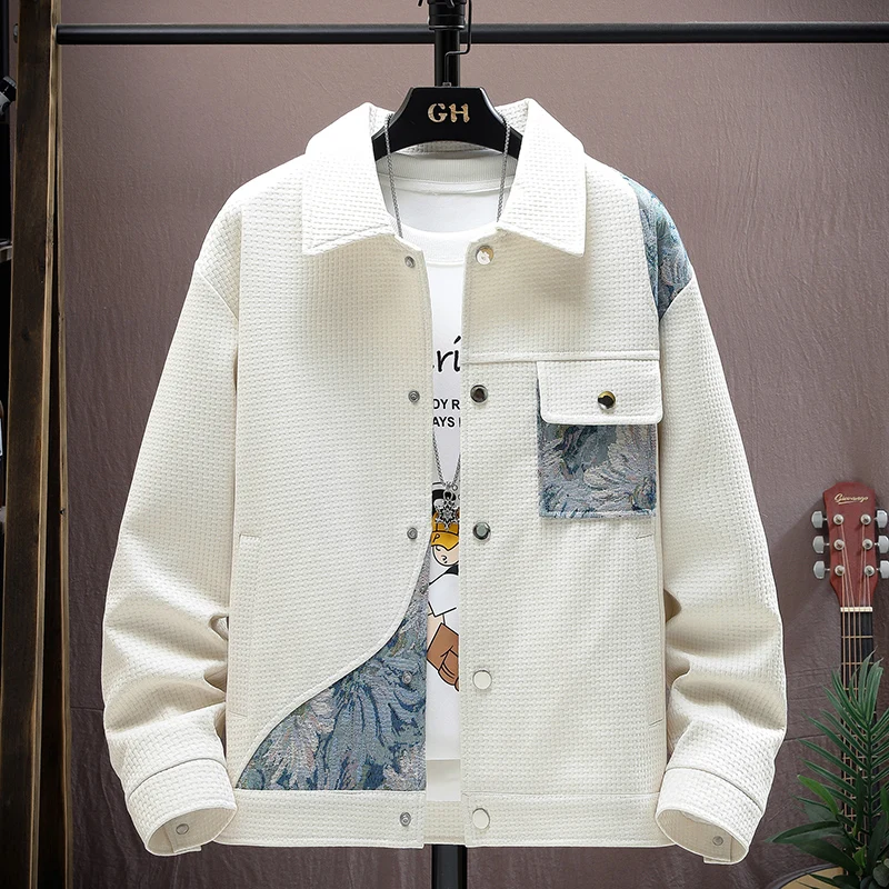 

Spring Autumn Flip Collar Jaet Men's Trendy Brand Haome Korean Sle Color Blo ort Casual Outerwear Polyester