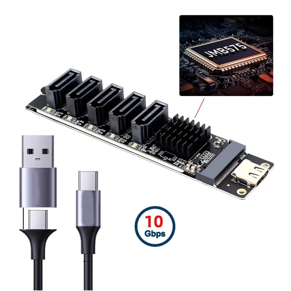 Plug and Play 6Gbps PCI-E Riser JMB575 Multi-Port SATA Expansion Card 5-Channel USB C To SATA Adapter NAS Expansion