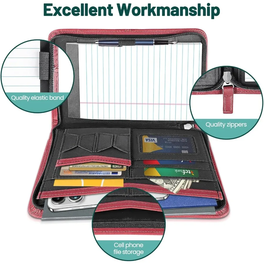 Portafoglio aziendale da donna in pelle rossa con cerniera con blocco note da 5,3 x 8 pollici e organizer compatto per appunti per lavoro o sch