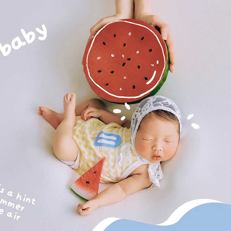 Newborn Photography Props Summer Beach Watermelon Theme Baby Jumpsuit Lace Headband 2pcs/Set Baby Studio Photography Accessories