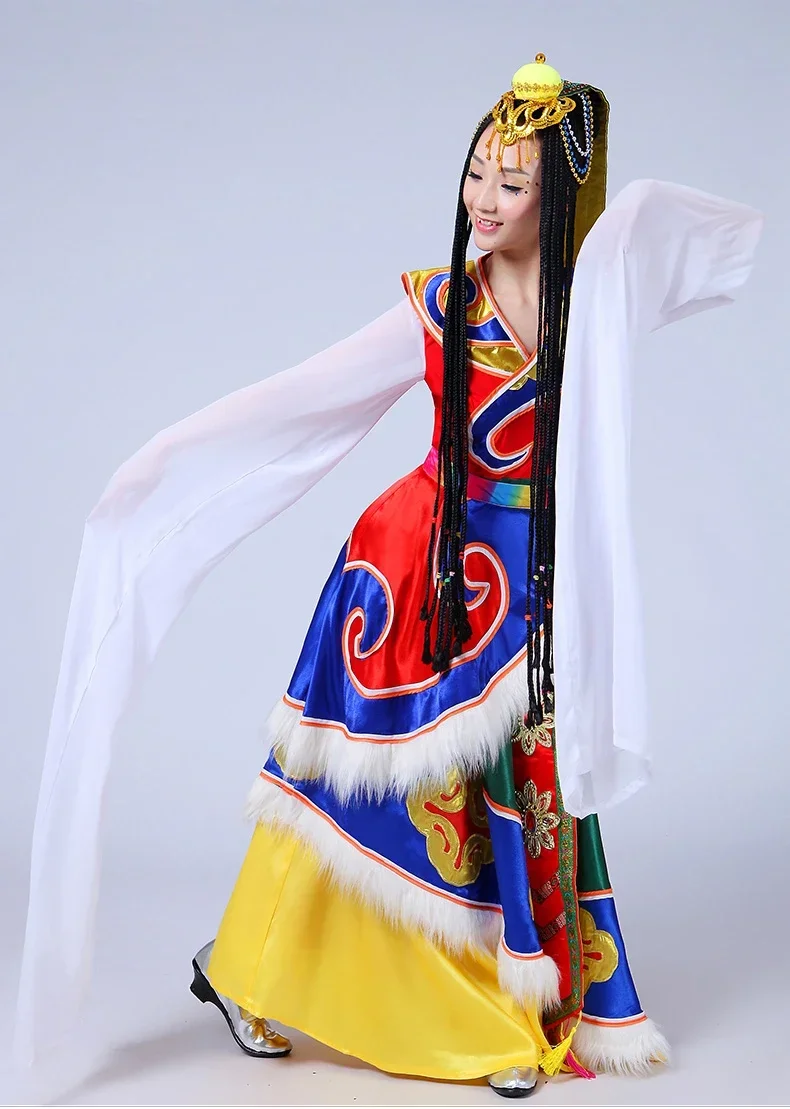 Trajes de dança tibetana chinesa tradicional feminino dança nacional palco desempenho clássico mongol traje festival outfit