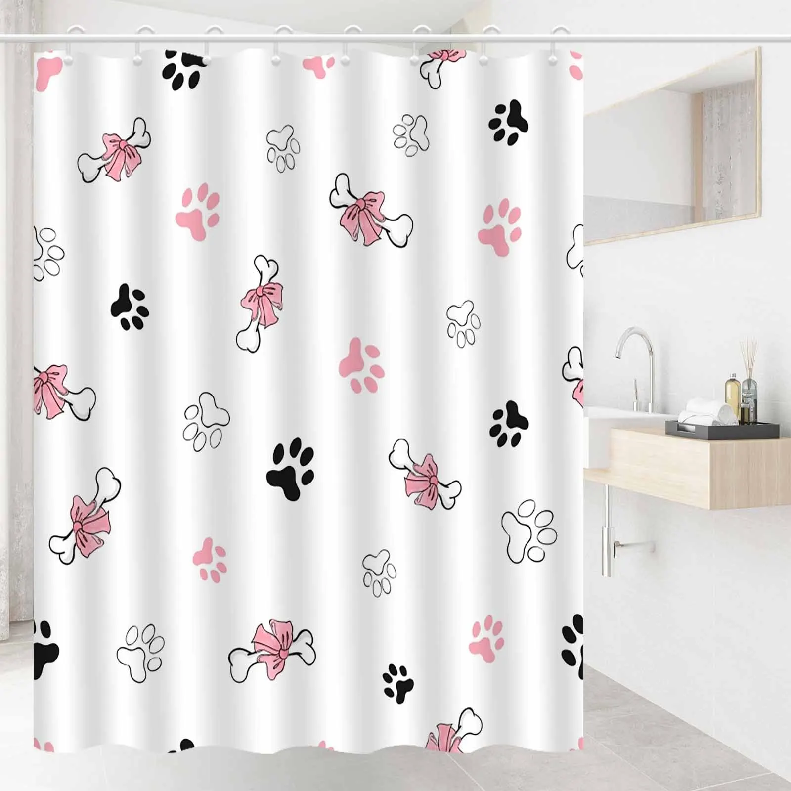 

Занавеска для душа с рисунком кошачьей лапы, кости и банта — ткань полиэфирная, можно стирать в машине, с крючками, подходит для декора ванной комнаты.