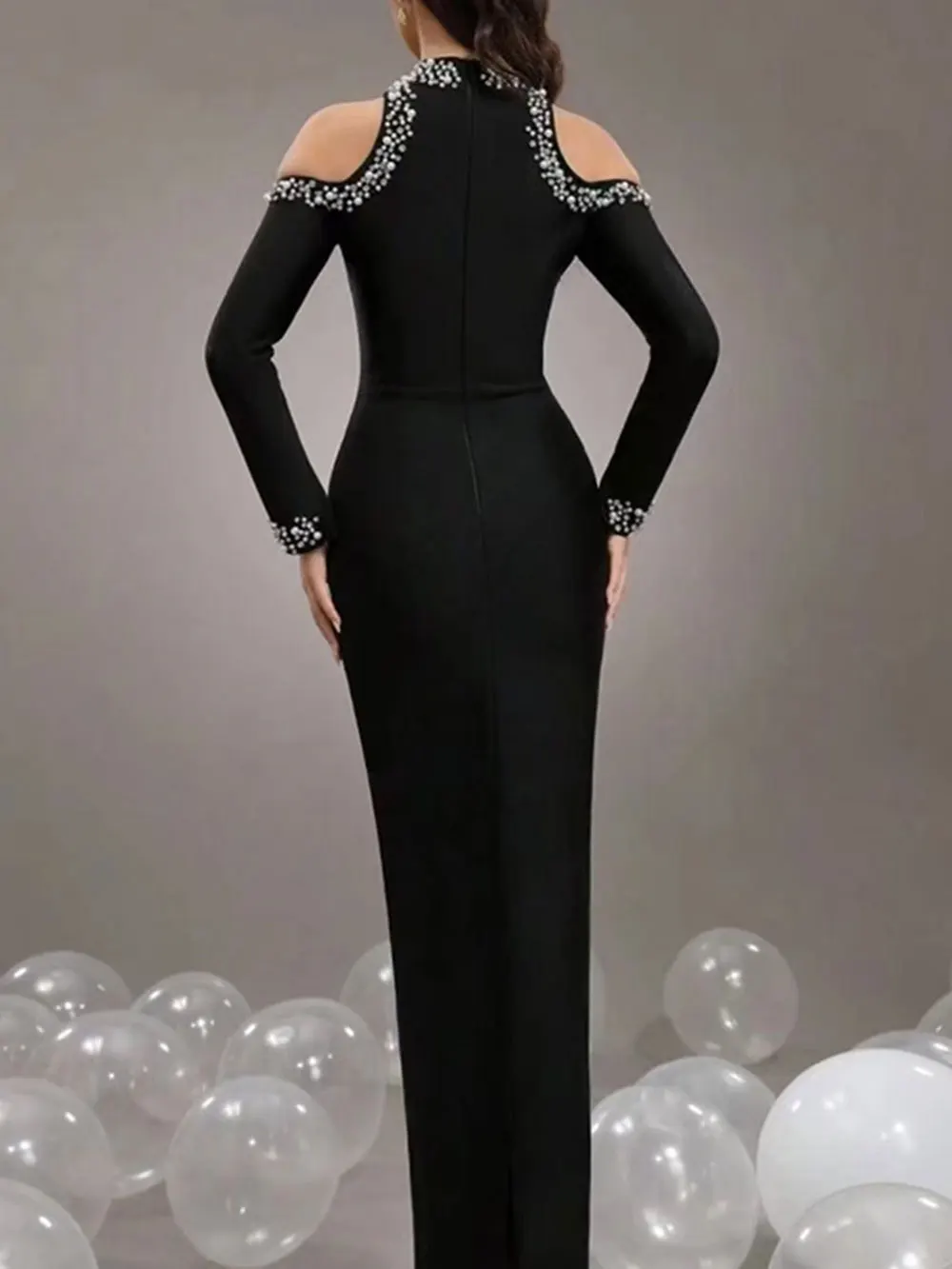 2024 Sexy Women'S Light Luxury Crystal Pearl Design Bandage Dress O-Neck Off Shoulder Long Sleeved Bodycon Christmas Long Dress