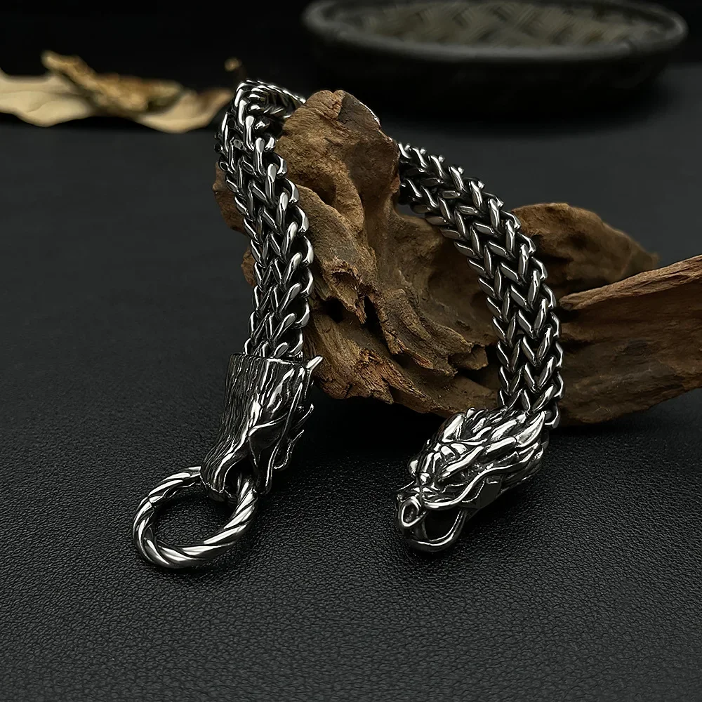 Viking Dragon Bone Bracelet for Men Stainless Steel Woven Mesh Cuff Punk Gothic Norse Mythology Jewelry Gift