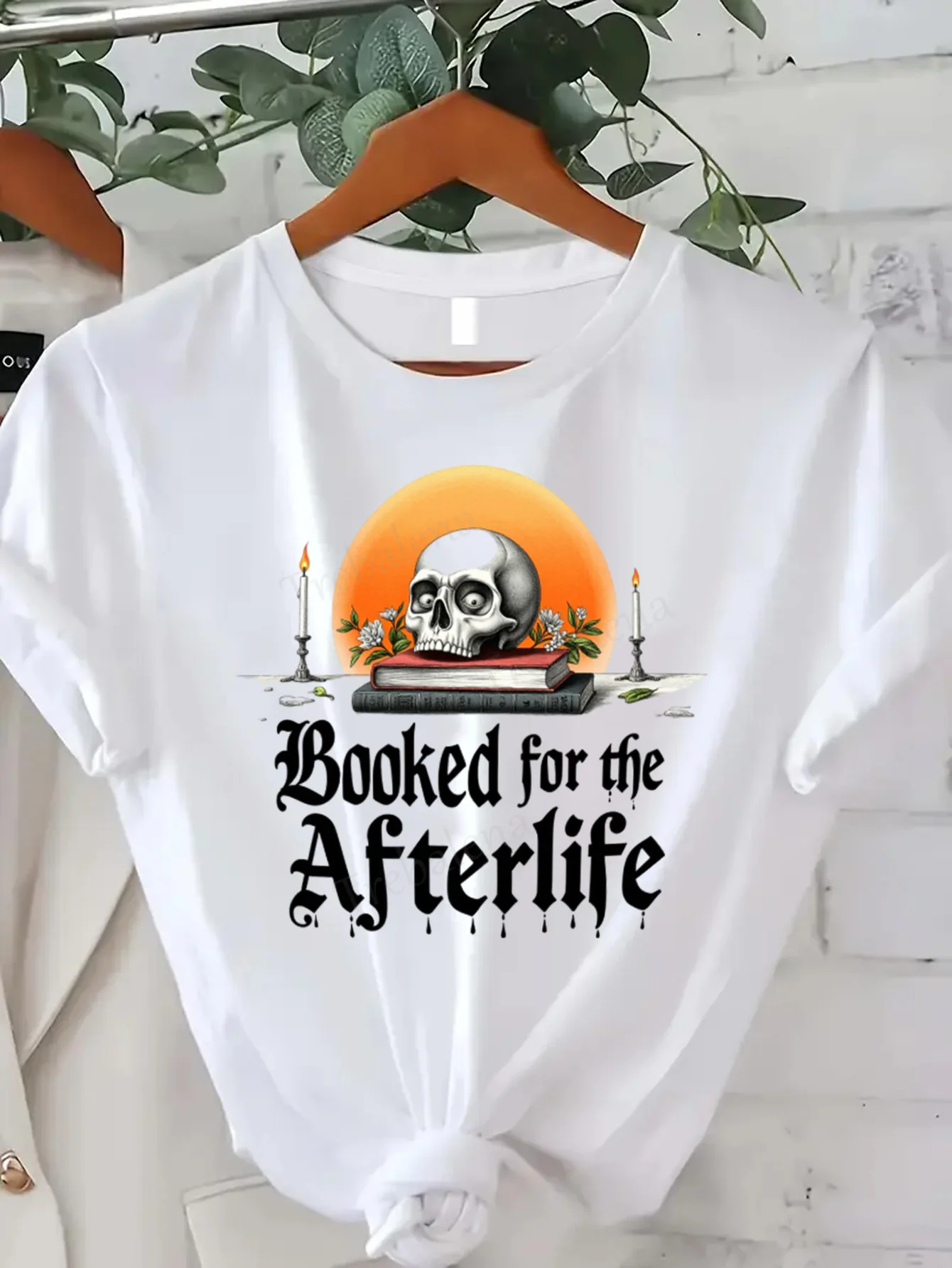 Round Neck T-shirt Booked for the Afterlife Gothic Skull Book T-Shirt Women's Plus Size Short Sleeve Tee Fashion Casual Top