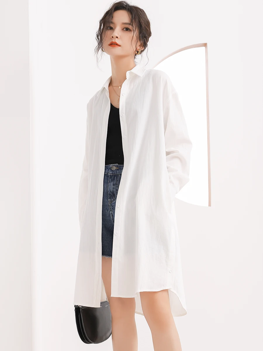 

Simple Cotton Linen Long Sve irt Dr Women's Spring Loose Midi Button ket Long irt Straight Cut Pure Color