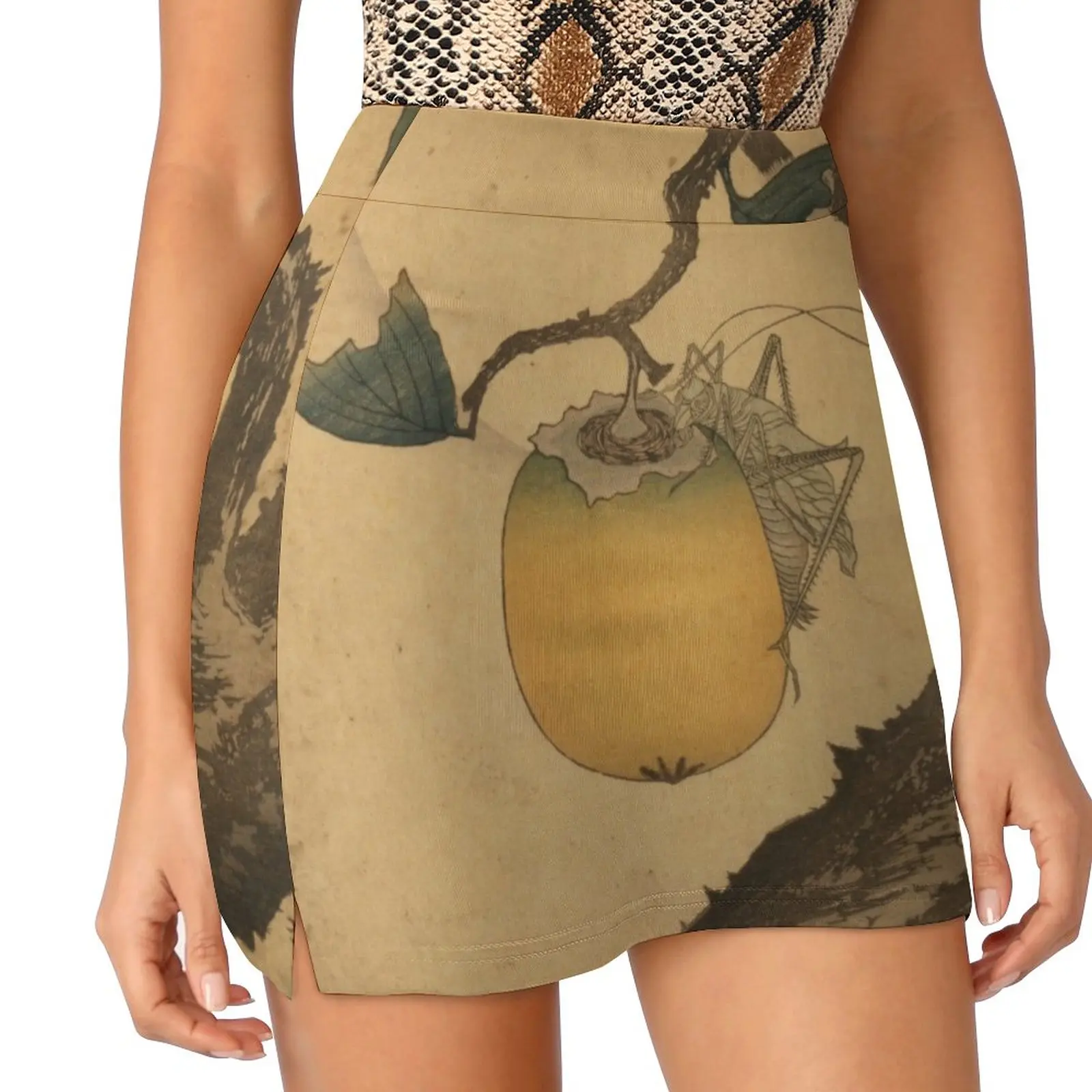 

a grasshopper eating a persimmon hanging on a tree limb Light proof trouser skirt Woman skirts new in external clothes