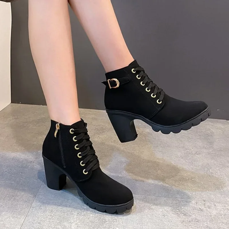 New Autumn Winter Women Pumps Boots High Quality Lace-up European Ladies Ankle Boots PU High Heels Boots Fast Delivery