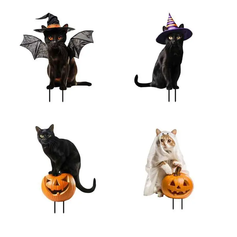 4PCS Halloween Decorations Outdoor Cute Cat Yard Sign With Pumpkin Metal Cat Decor For Yard Garden Lawn Ornaments-AT64