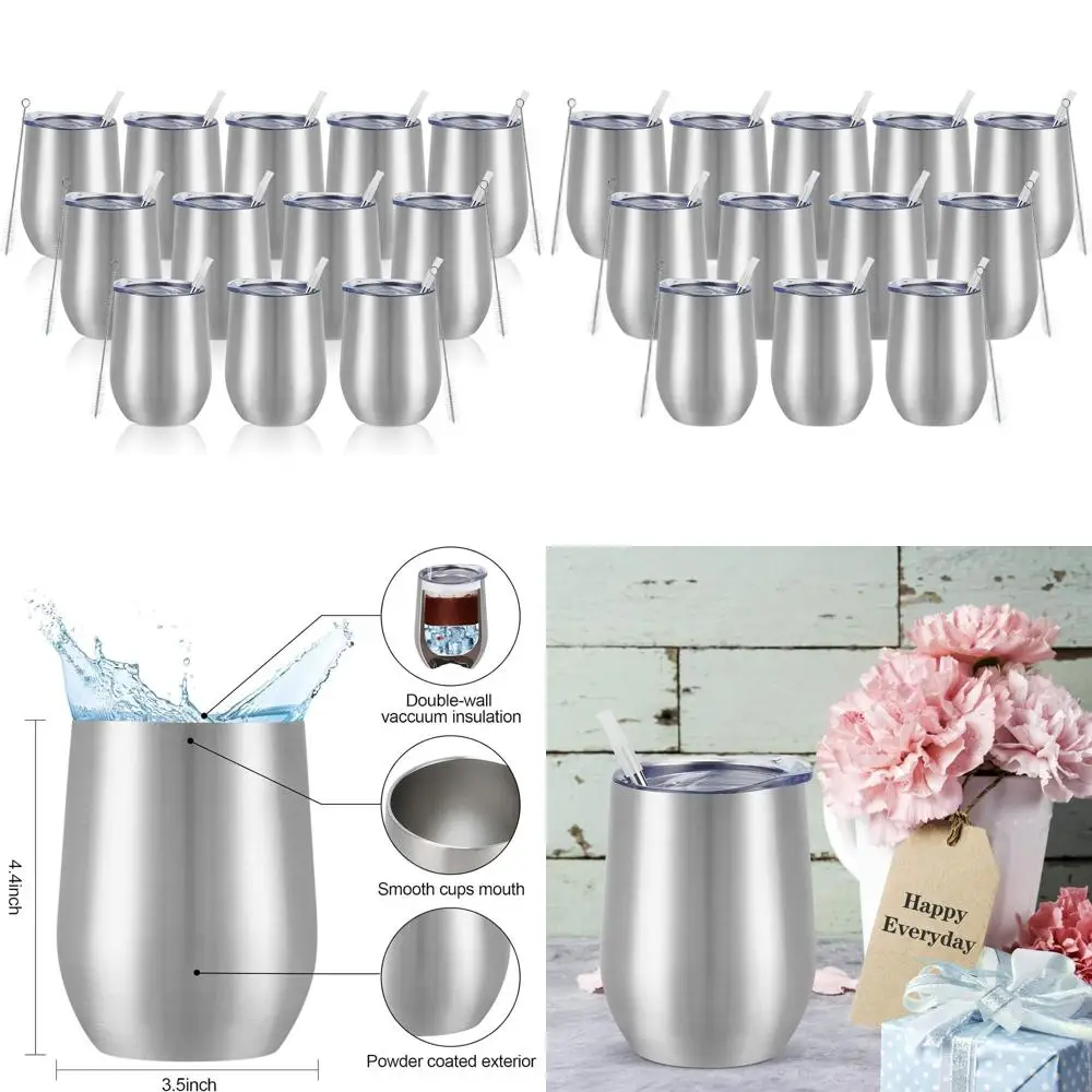 

Набор из 12 вакуумных термостаканов из нержавеющей стали, 350 мл, без ножки, с крышками и соломинками для кофе, вина и многого другого, серебристый