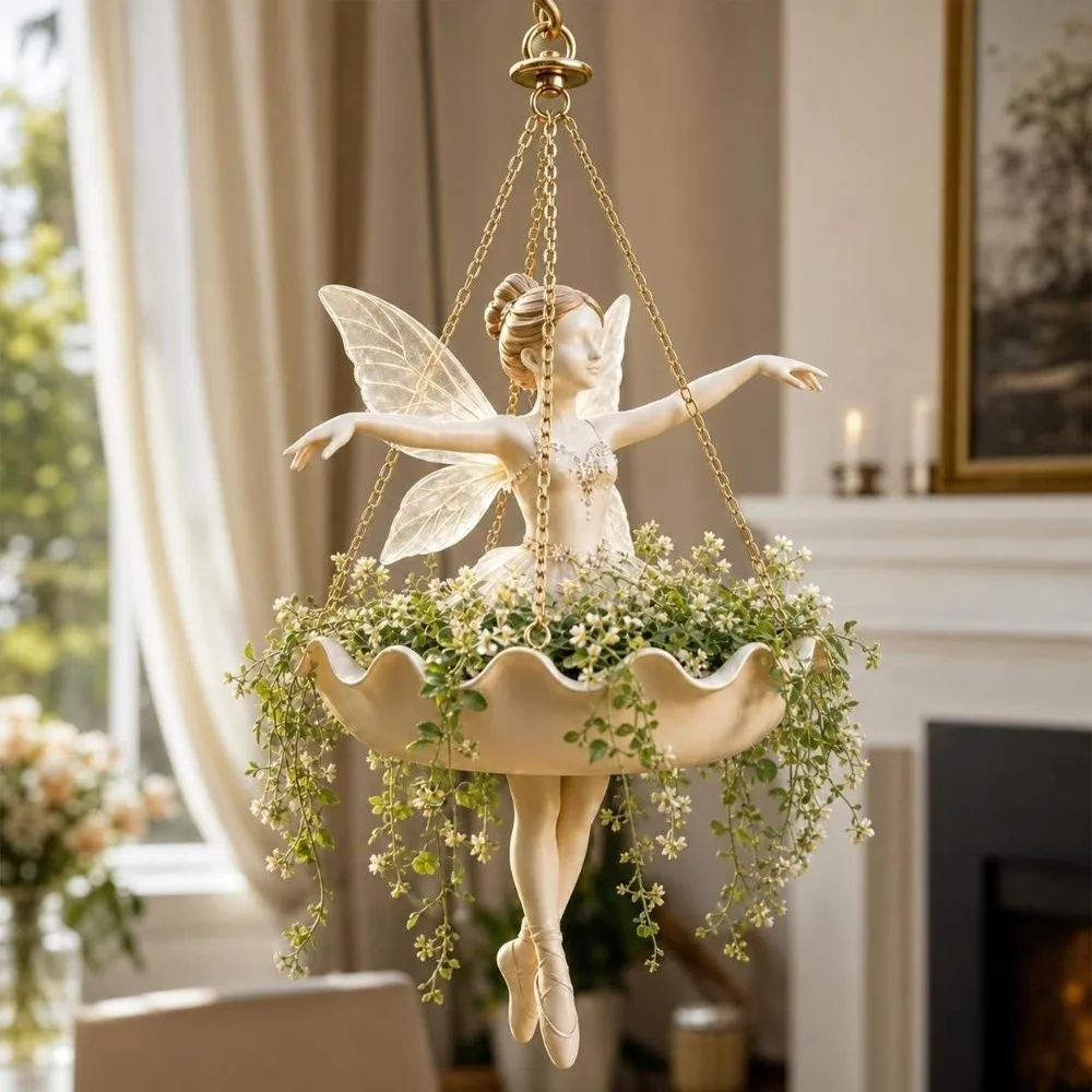 Resin Ballet Dancer Hanging Planter Vintage UV Resistant Fairy Flower Pot Decorative Statue Save Space Flower Container