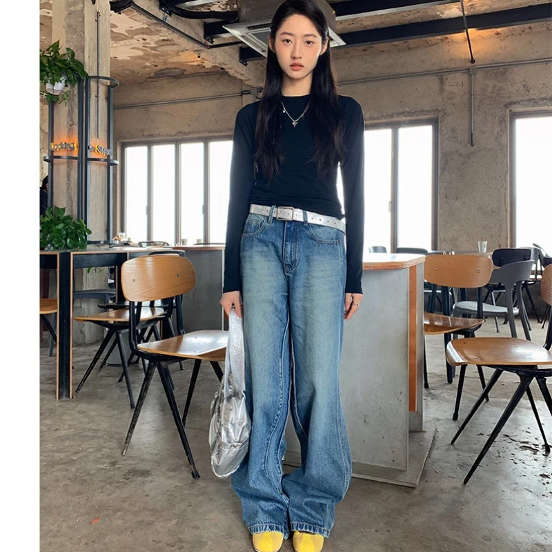 

American Design Wave and Drape Casual Pants for Women Seasonal Ins Straight Leg Jeans for Women High Waisted Jeans