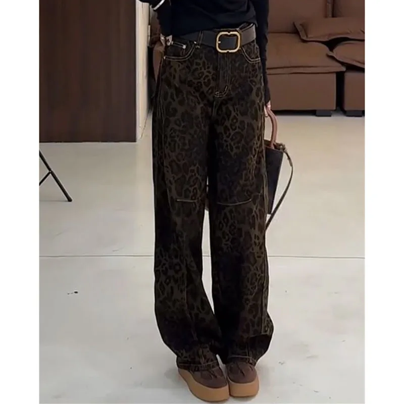 

Корейские женские джинсовые брюки большого размера 5XL, 2025, женские прямые джинсы, весна-осень, женские широкие ковбойские брюки с леопардовым принтом