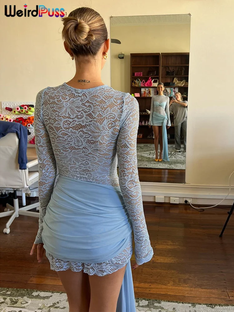 Rare Puss Jurk Met Onregelmatige Print Vrouwen Herfsttrend Sexy Doorzichtig Met Veters En Ruches Manchet Met Kwastje Stretch Night-Out Feestkleding