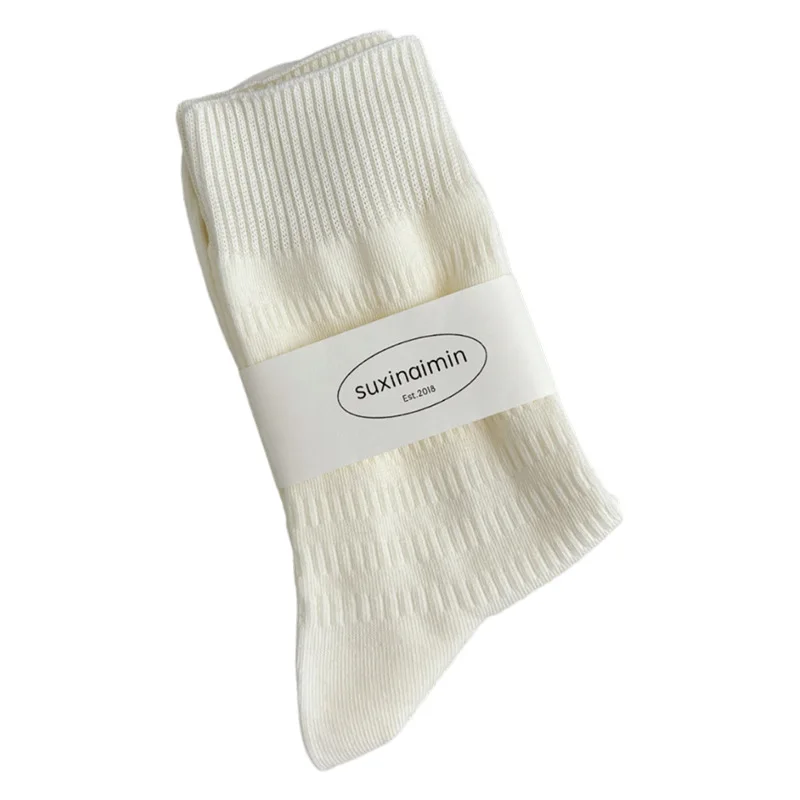 1 par de calcetines cálidos de Color sólido a media pantorrilla para mujer, calcetines térmicos de otoño e invierno para mujer, calcetines blancos y negros de algodón de alta calidad