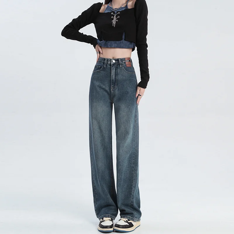 Autumn Winter New Style Wide Leg Floor Length Jeans Women's Slimming Fitting Blue Denim Pants High Waist Zipper Closure