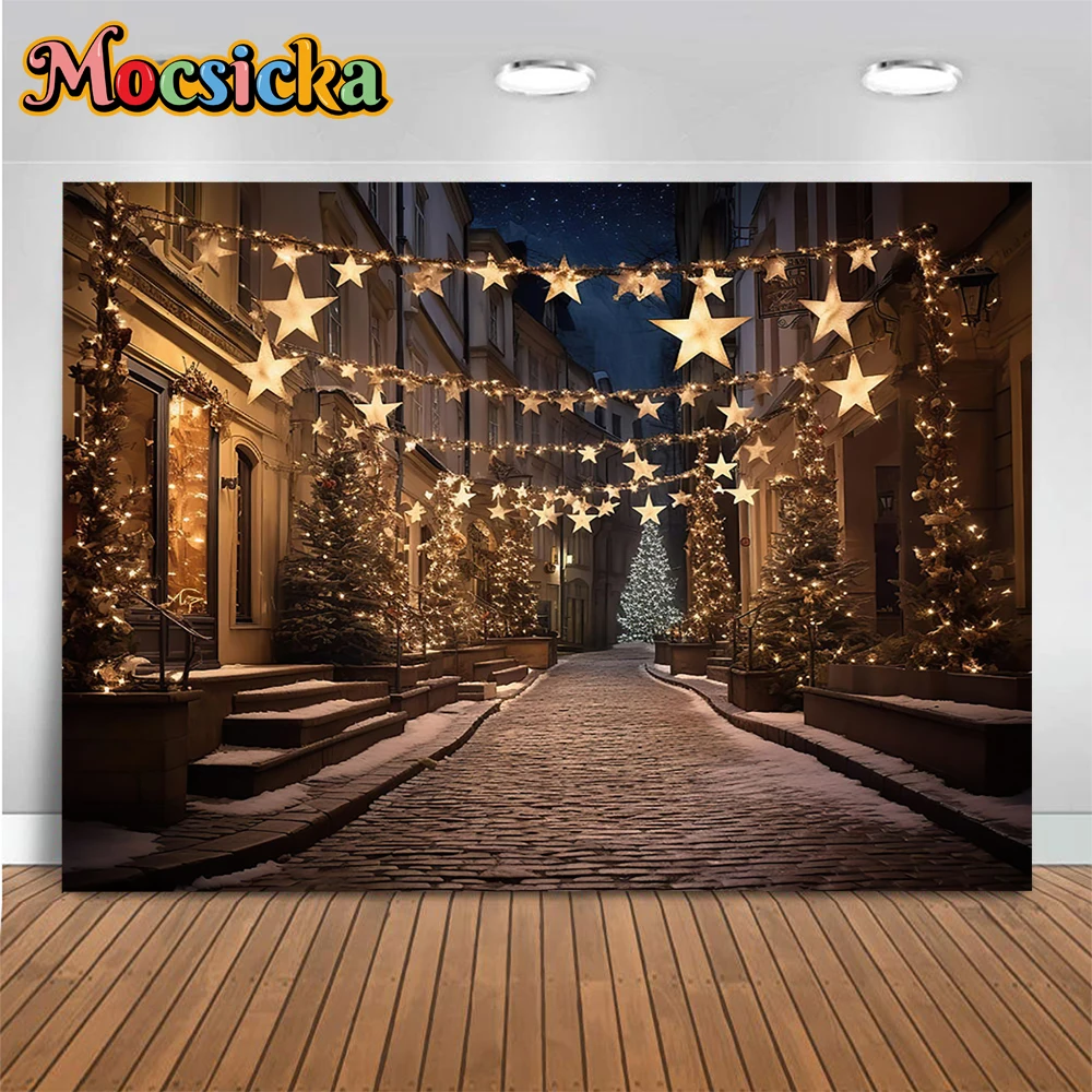 

Mocsicka Christmas Night Street Photography Backdrop Glitter Stars Stone Road Xmas Shop Background Kid Family Portrait Studio