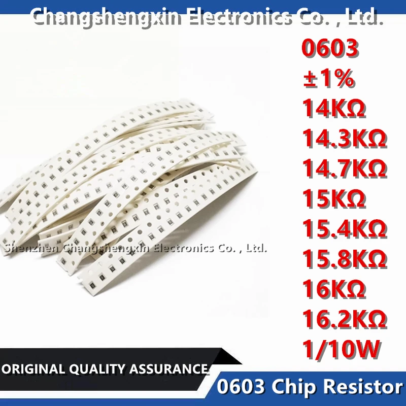 

100PCS 0603 SMT Chip Resistor Tolerance ±1% Resistance 14KΩ 14.3KΩ 14.7KΩ 15KΩ 15.4KΩ 15.8KΩ 16KΩ 16.2KΩ Ohm 1/10W 0.1W